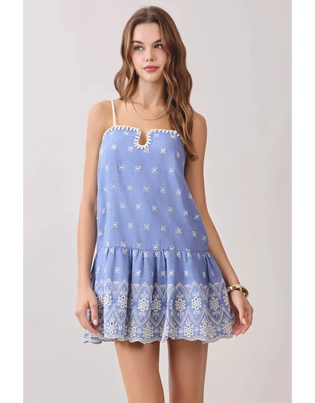 Bluebell Mini Dress With Spaghetti Straps And Embroidered Eyelet Detail