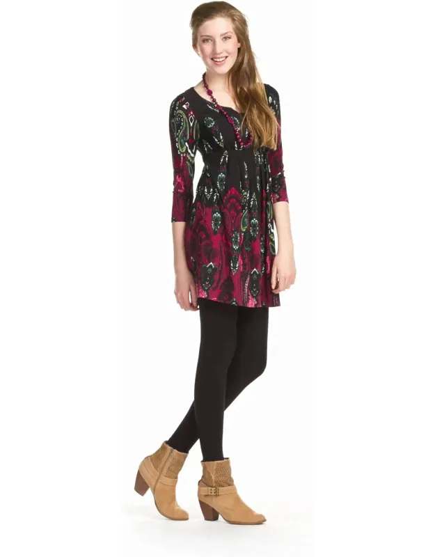 Paisley Border Print 3/4 Sleeve Pleated Waist Dress