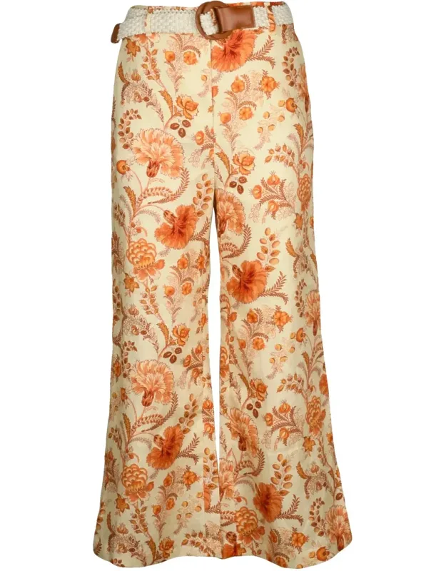 Flared Trousers With Intricate Floral Pattern And Woven Belt