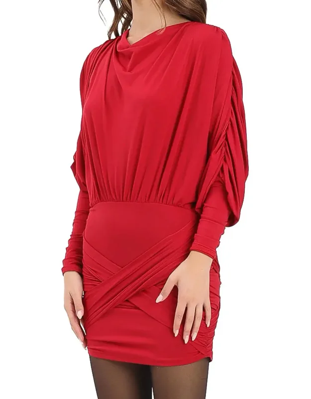 Lycra Mini Dress With Batwing Sleeves And Ruched Detailing