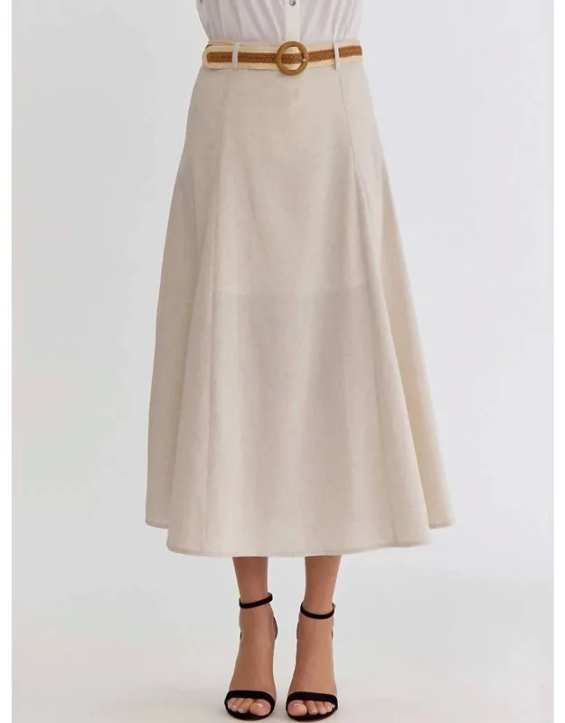 Linen Look High Waist Belted Flare Midi Skirt
