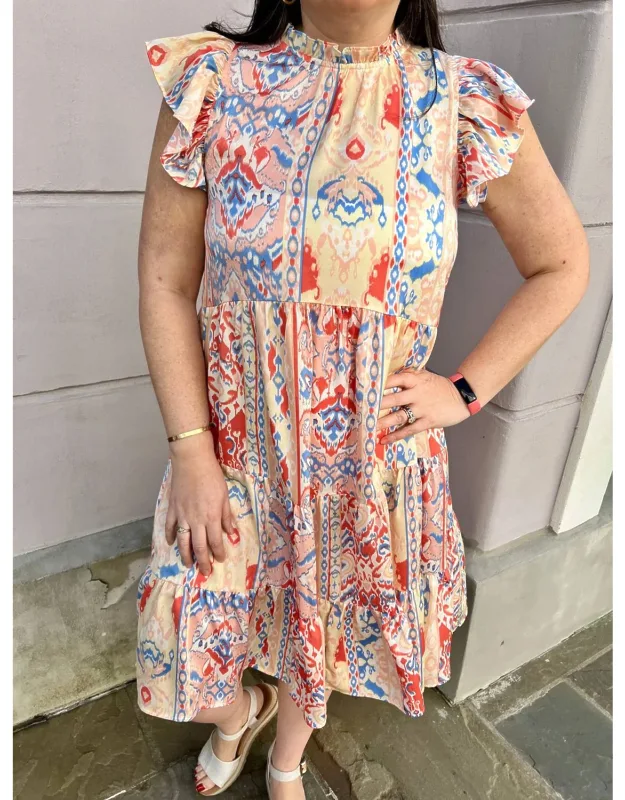 Tiered Midi Dress With Cap Sleeves And Geometric Pattern