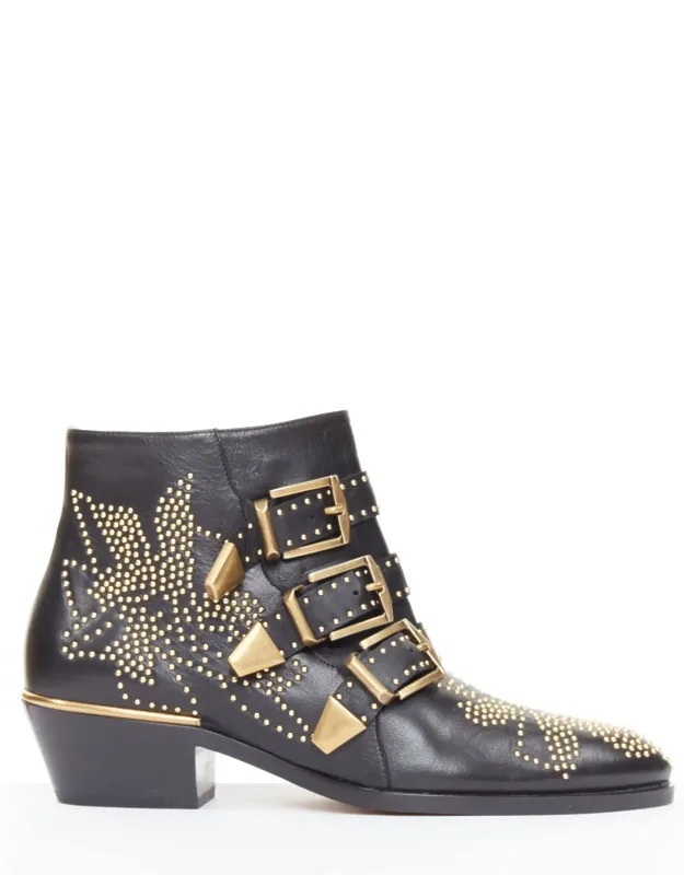 Susanna Leather Gold Floral Studded Triple Buckle Boots