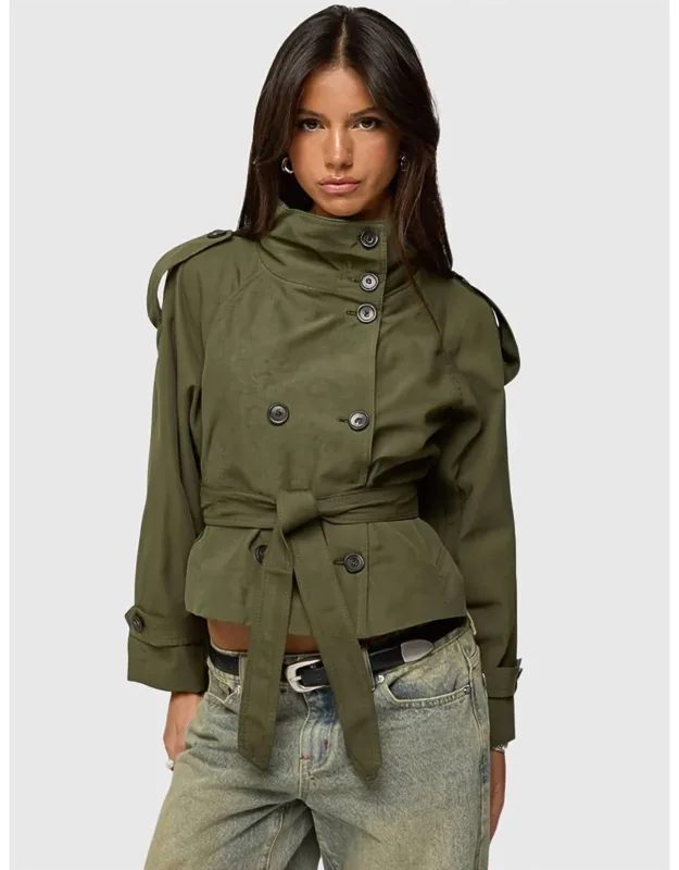 Stand-collar Buttoned Belted Short Trench Coat