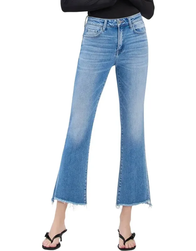High Rise Slant Raw Hem Crop Flare Jeans