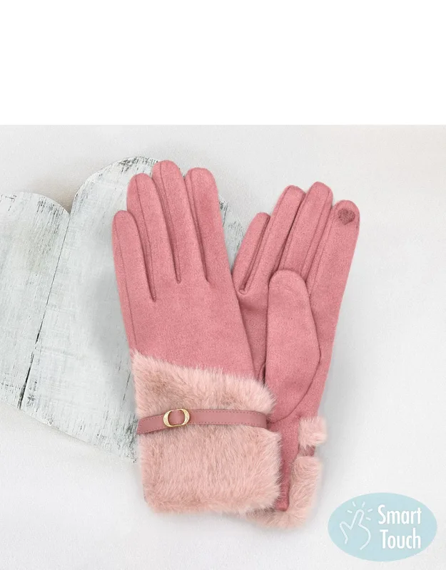 Faux Fur And Strap Cuff Smart Touch Gloves