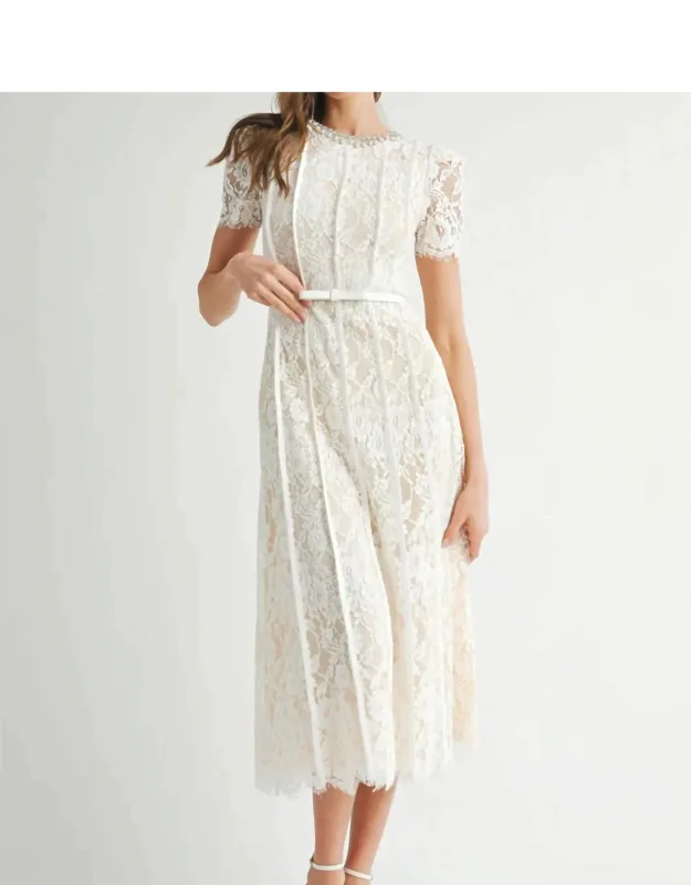 Elegant Lace Midi Dress With Embellished Collar