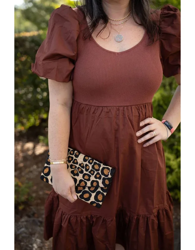 Mix Media Puff Sleeve Midi Dress