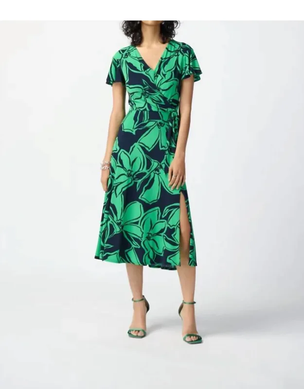Floral Print Silky Knit Flowy Midi Wrap Dress