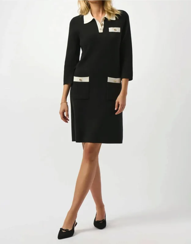 Contrast Shirt Collar Knit Midi Dress
