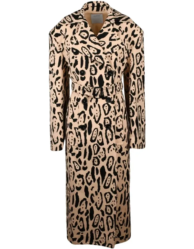Cotton Trench Coat With Abstract Animal Print And Belted Waist