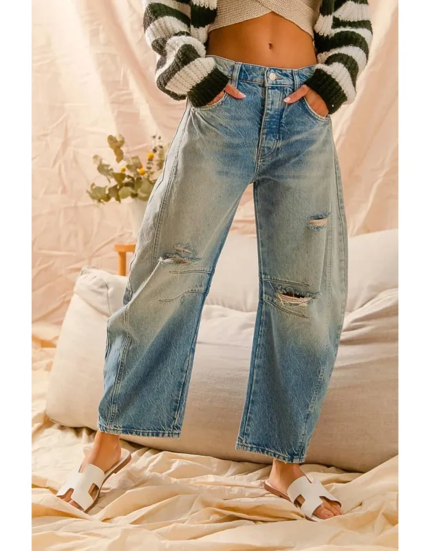 Mid-rise Distressed Barrel Jeans