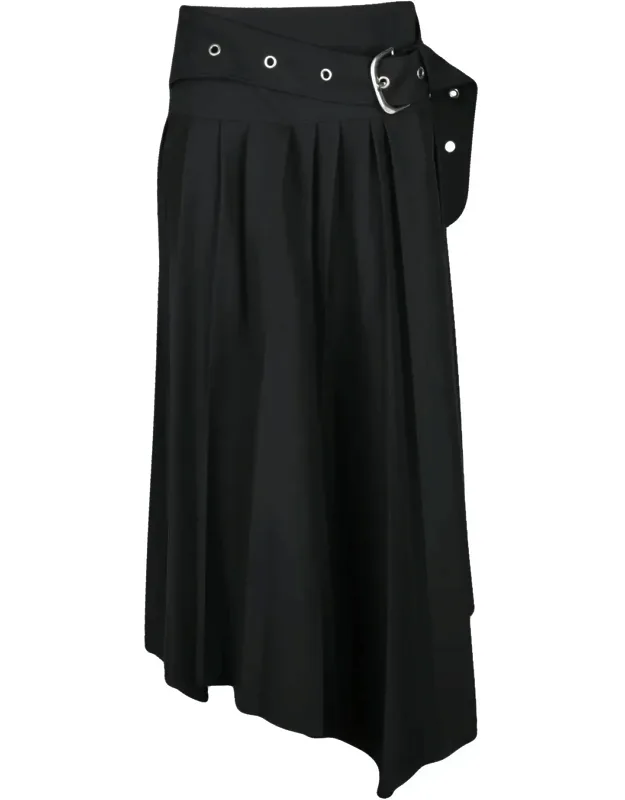 Asymmetric Pleated Skirt With Wide Waistband And Snap Closure