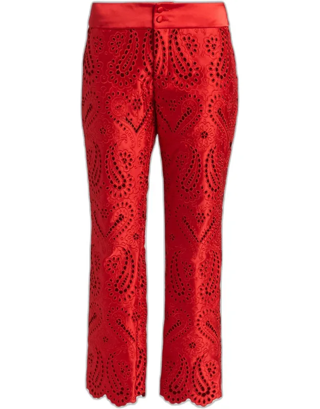 Paisley Eyelet Embroidered Straight-leg Ankle Trousers