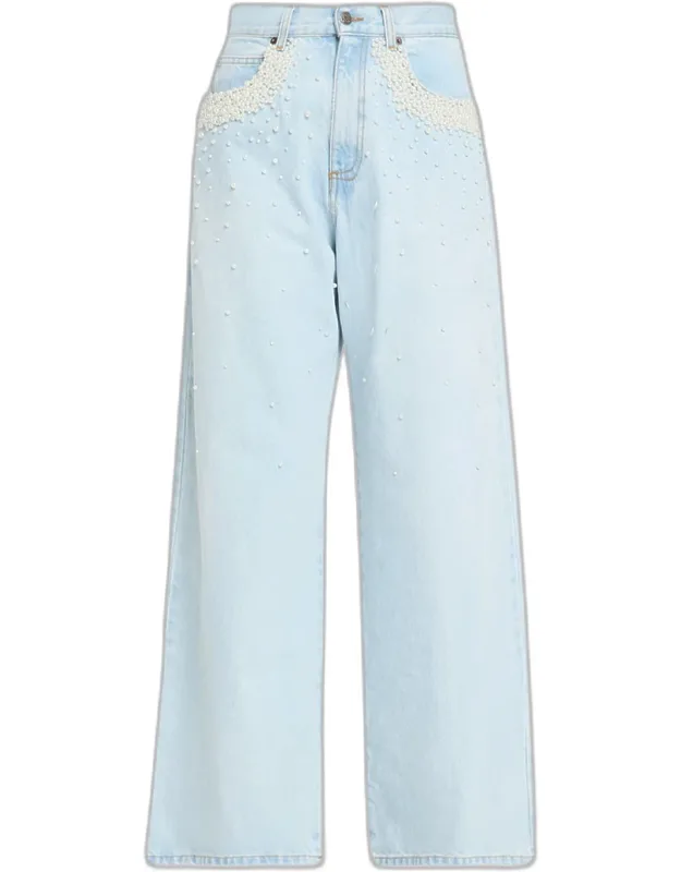 Imitation Pearl-embellished Wide-leg Jeans