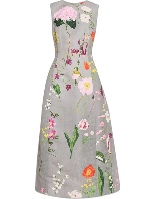 Sleeveless Mixed Botanical Midi Day Dress