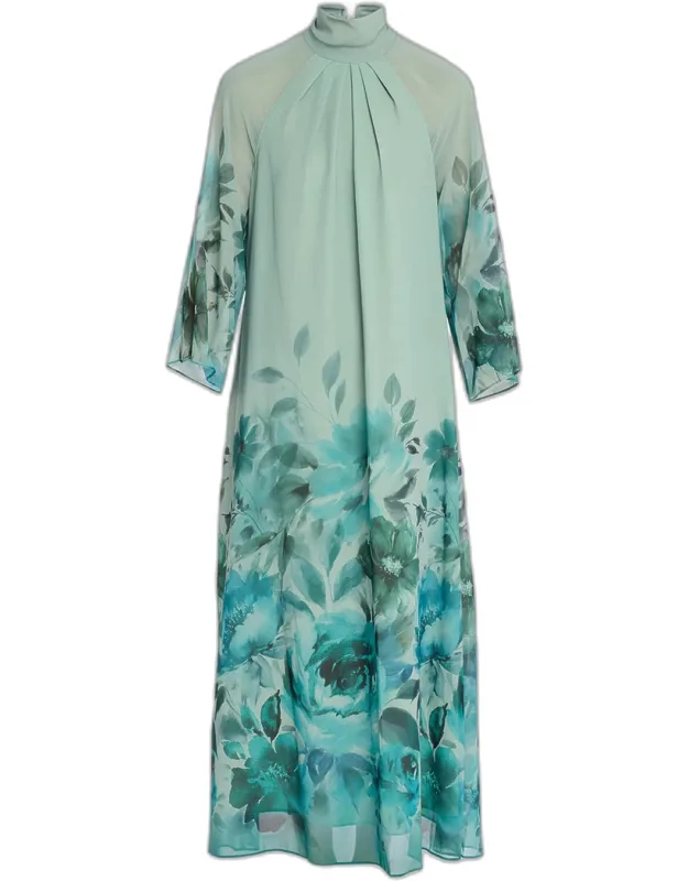Floral Border-print Chiffon Midi Dress