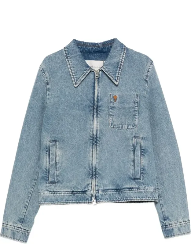 Classic Denim Jacket With Pointed Collar And Emblem