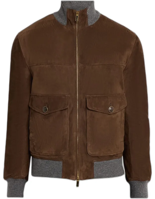 Suede Knit-trim Bomber Jacket