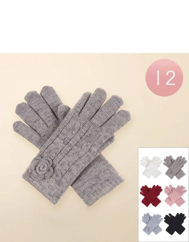 Faux Fur Lining Flower Detail Cable Knit Gloves