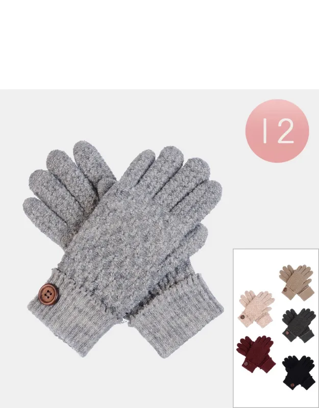 Button Detail Fur Lining Tweed Knit Gloves