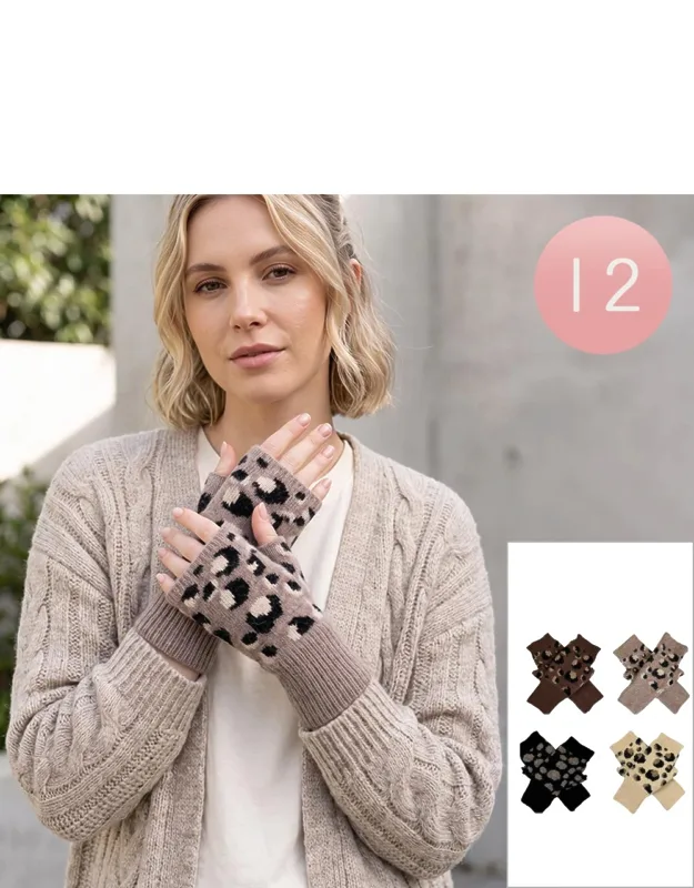12 Pairs - Leopard Fingerless Knit Winter Gloves