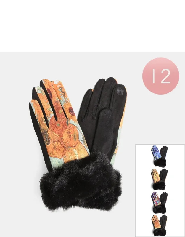 12 Pairs - Painting Print Faux Fur Cuff Touch Smart Winter Gloves