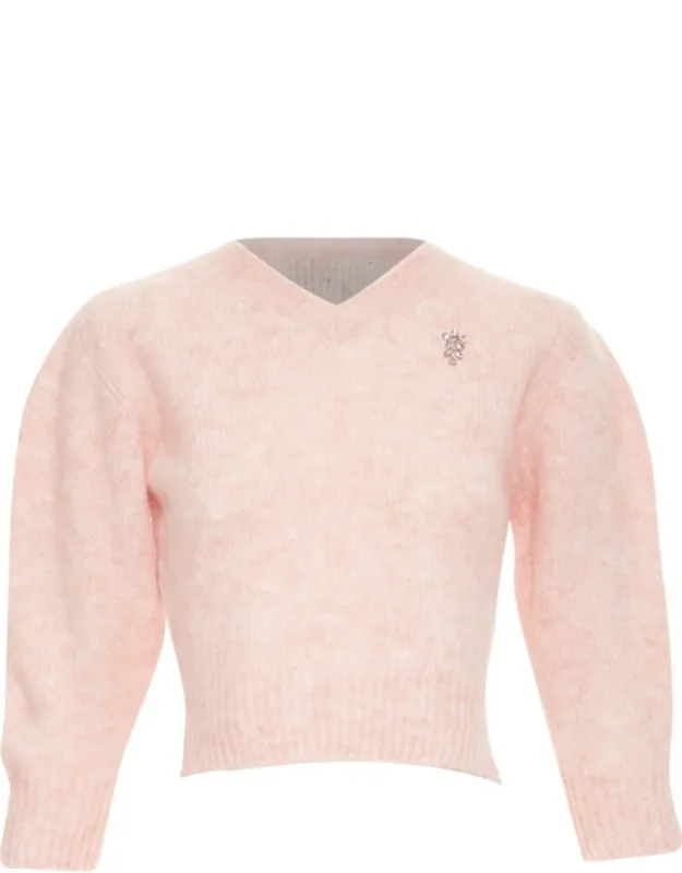 Crystal Embellished V Neck Cropped Sweater