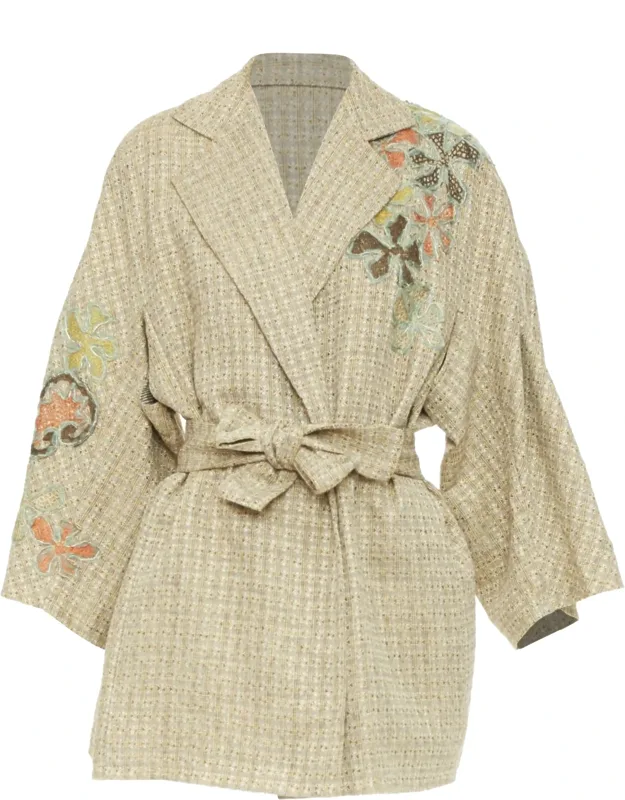 Gold Tweed Floral Embroidered Wrap Blazer