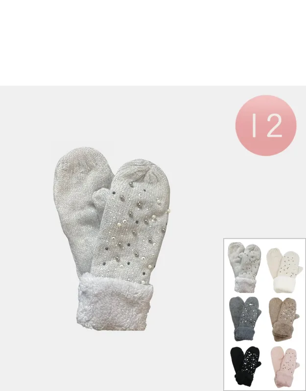 12 Pairs - Pearl Beads Embellished Knit Smart Touch Sherpa Mittens