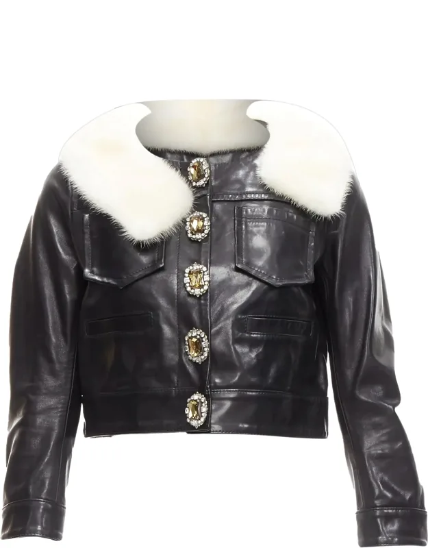 Asymmetric Fur Collar Jewel Button Leather Jacket