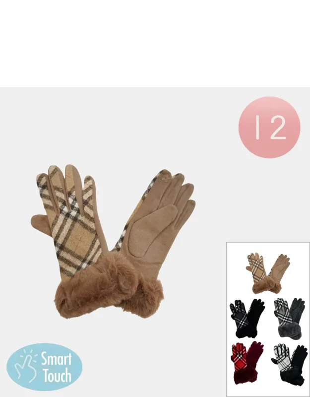 Plaid Pattern Faux Fur Cuff Smart Touch Winter Gloves