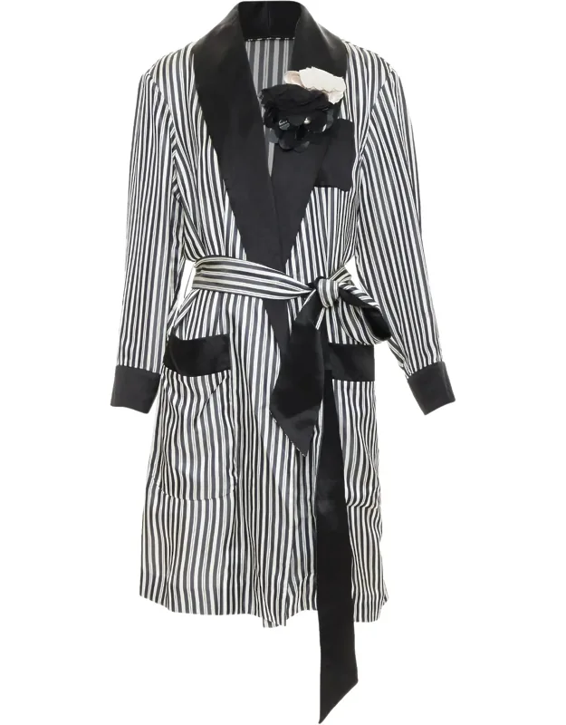 Striped Viscose Floral Applique Belted Robe