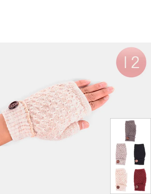 Cable Knit Button Detail Fur Lining Fingerless Gloves