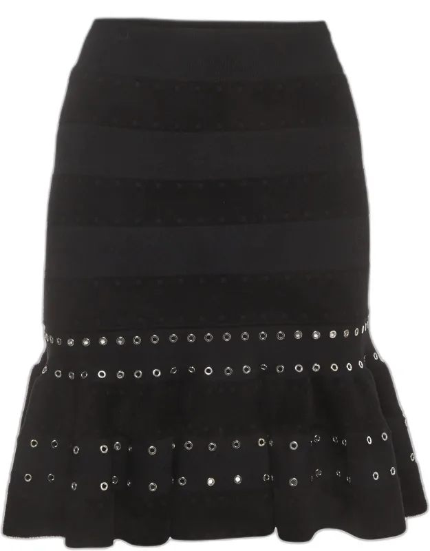 Stretch Knit Eyelet Detail Ruffled Mini Skirt