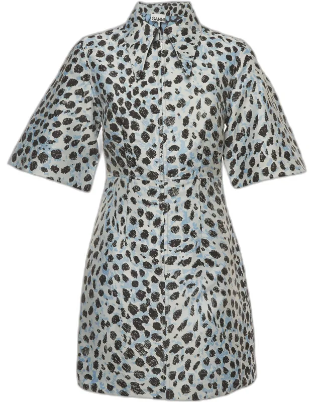 Leopard Jacquard Collared Zip-up Mini Dress