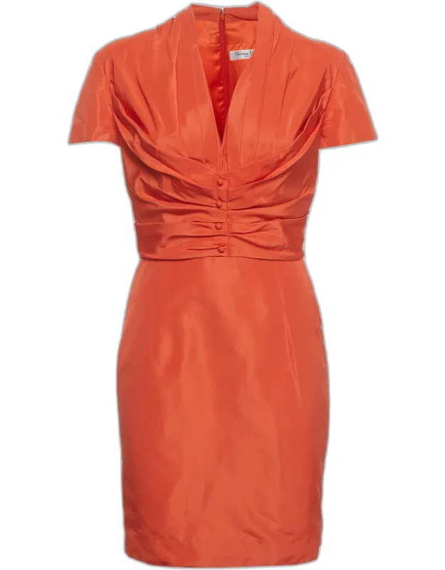 Pleated Sateen V-neck Mini Dress