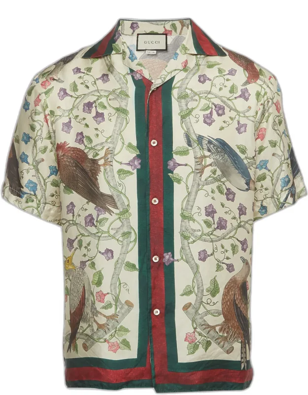 Cream Birds Of Prey Print Silk Bowling Shirt