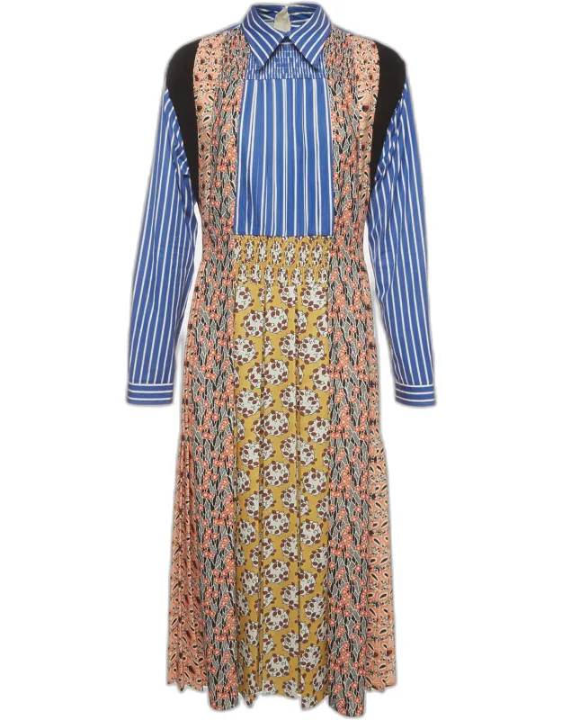 Multicolor Printed Cotton And Crepe Long Sleeve Dress
