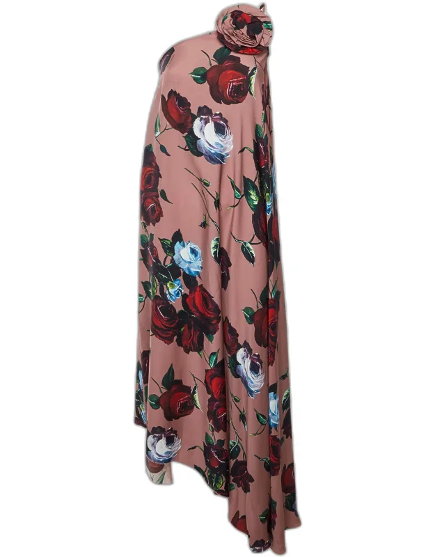 Rosette Floral Print Silk Asymmetric One-shoulder Dress