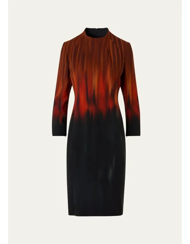 Fuego-print Long-sleeve Wool Double-face Slit Dress