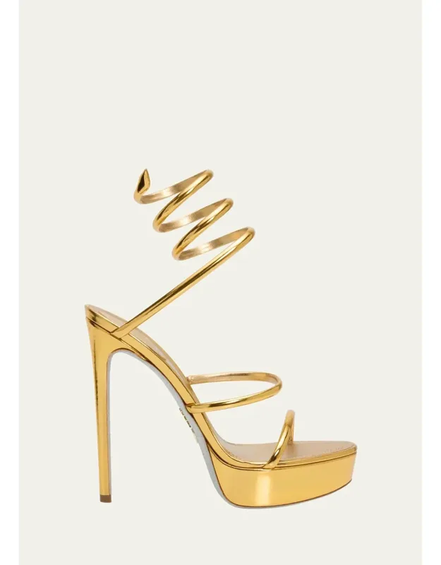 Metallic Leather Platform Snake-wrap Sandals