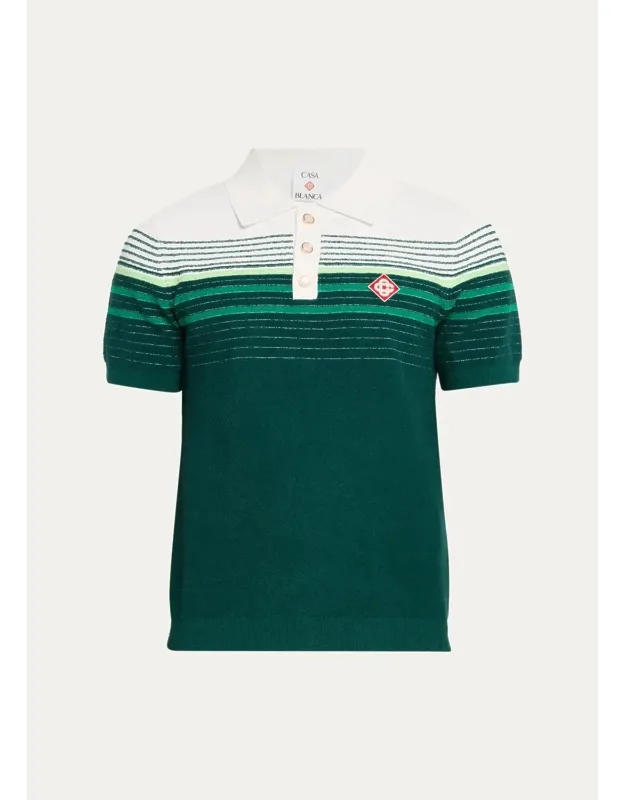 Cotton Blend Stripe Knit Polo Shirt