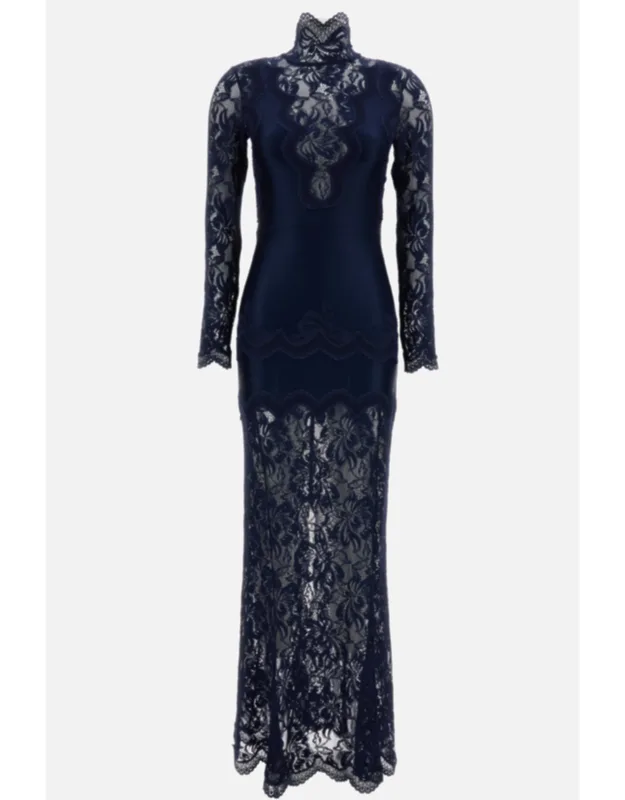 Jersey And Lace Dress With A High Neckline.