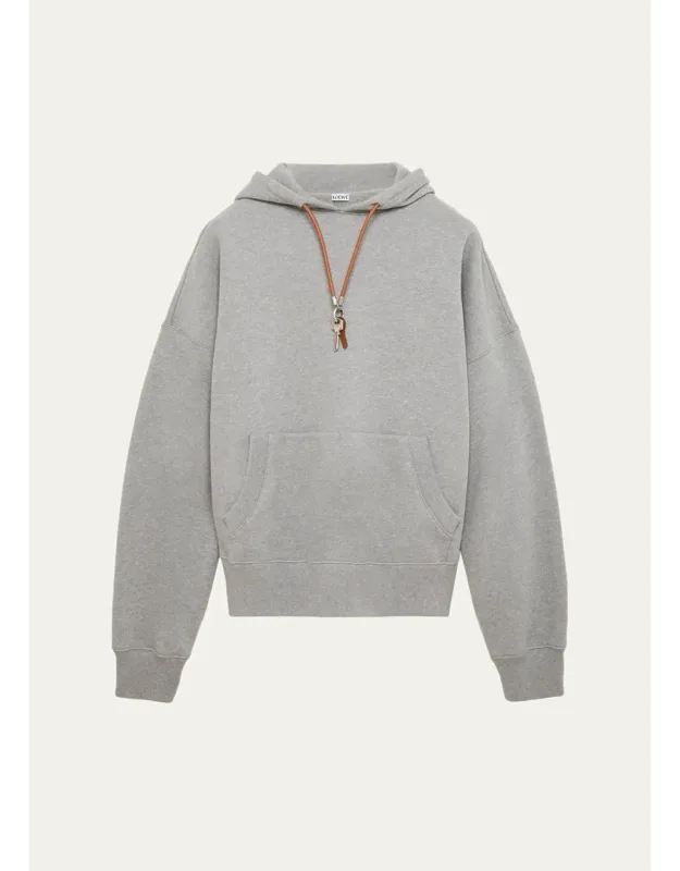 Relaxed Fit Fleece Leather-drawstring Hoodie
