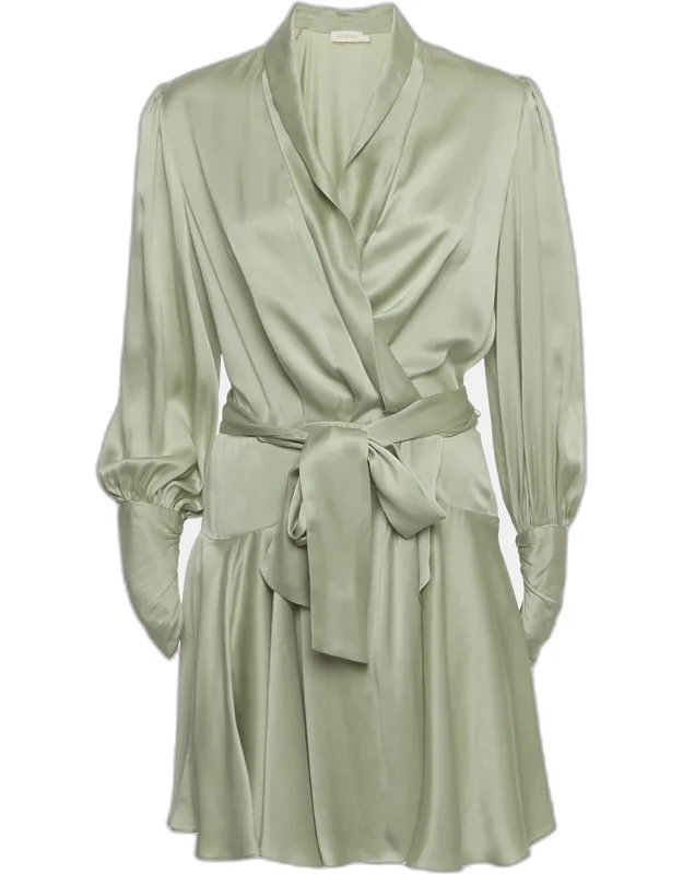 Satin Long Sleeve Wrap Around Mini Dress