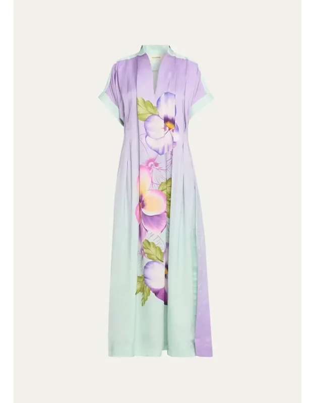 Hand-pleated Floral Kaftan Maxi Dress