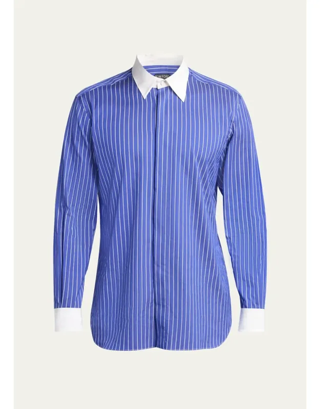 Silk Pinstripe Contrast-trim Dress Shirt