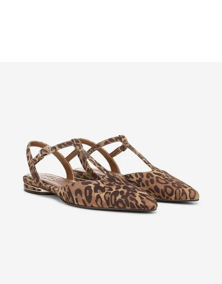 Harlie Flat Shoes, Cheetah Print Suede Leather, Pointed Toe, Ankle Strap