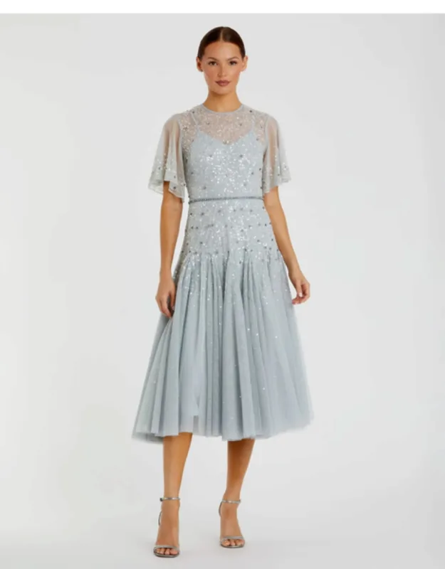 Flutter Sleeve Beaded Tea Length Drop Waist Dress - Final Sale